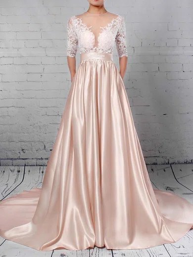 Ball Gown/Princess Illusion Satin Sweep Train Wedding Dresses With Pockets #Milly00023314