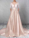 Ball Gown Illusion Satin Sweep Train Wedding Dresses With Pockets #Milly00023314