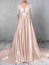 Ball Gown Scoop Neck Satin Tulle Sweep Train Appliques Lace Wedding Dresses #Milly00023314