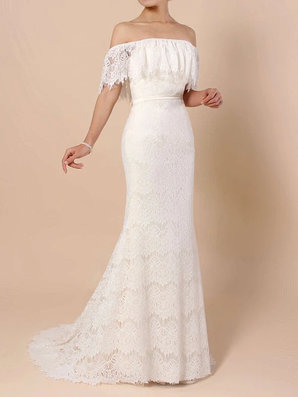 Trumpet/Mermaid Off-the-shoulder Lace Sweep Train Wedding Dresses With Sashes / Ribbons #Milly00023361