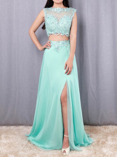 A-line Scoop Neck Chiffon Sweep Train Beading Prom Dresses #Milly020101059