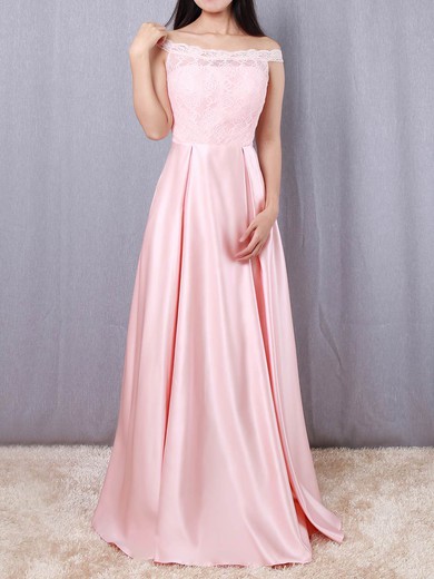A-line Off-the-shoulder Lace Satin Floor-length Prom Dresses #Milly020105042