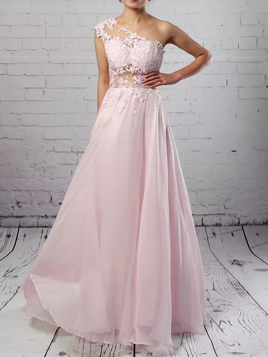A-line One Shoulder Chiffon Floor-length Appliques Lace Prom Dresses #Milly020105091
