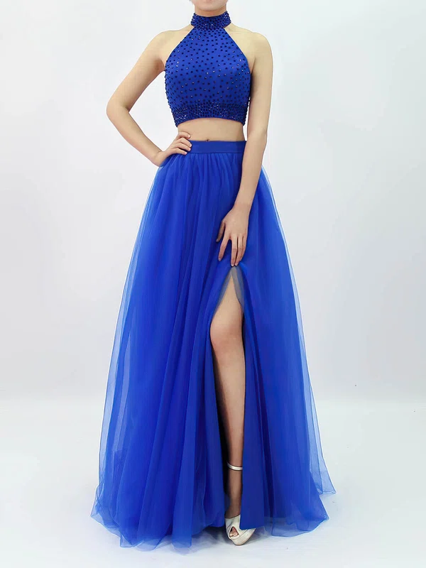 A-line Halter Tulle Floor-length Beading Prom Dresses #Milly020105845