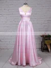 Princess V-neck Satin Sweep Train Pockets Prom Dresses #Milly020105849