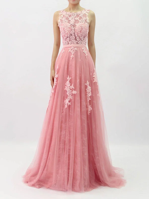 Princess Scoop Neck Lace Tulle Sweep Train Beading Prom Dresses #Milly020105890