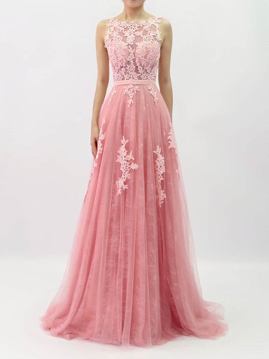 Princess Scoop Neck Lace Tulle Sweep Train Beading Prom Dresses #Milly020105890
