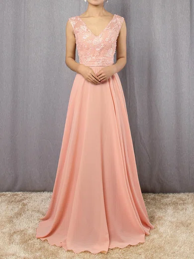 A-line V-neck Chiffon Floor-length Appliques Lace Prom Dresses #Milly020105892