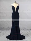 Trumpet/Mermaid V-neck Velvet Sweep Train Split Front Prom Dresses #Milly020106416