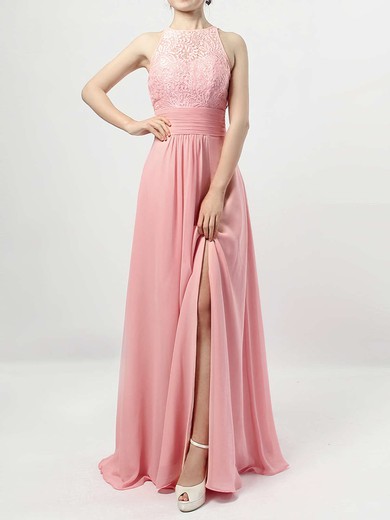 A-line Scoop Neck Lace Chiffon Floor-length Ruffles Bridesmaid Dresses #Milly01013465