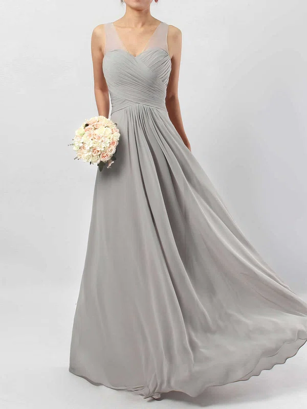 A-line V-neck Chiffon Floor-length Ruffles Bridesmaid Dresses #Milly01013533