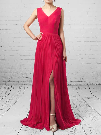 A-line V-neck Chiffon Floor-length Split Front Bridesmaid Dresses #Milly01013579