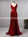 Sheath/Column V-neck Silk-like Satin Sweep Train Ruffles Prom Dresses #Milly020105829