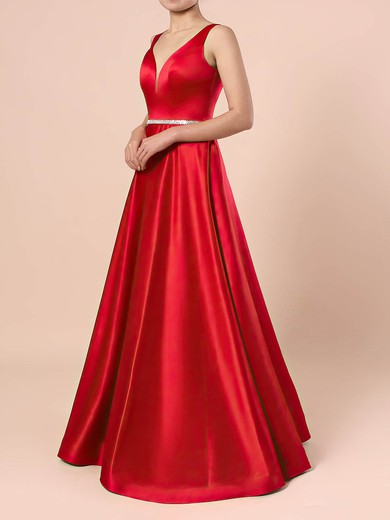 Princess V-neck Satin Floor-length Beading Prom Dresses #Milly020105875