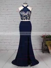 Sheath/Column High Neck Stretch Crepe Sweep Train Lace Prom Dresses #Milly020105921