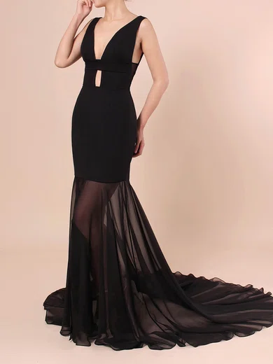 Trumpet/Mermaid V-neck Chiffon Stretch Crepe Sweep Train Split Front Prom Dresses #Milly020106420