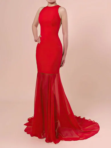 Trumpet/Mermaid Scoop Neck Chiffon Stretch Crepe Sweep Train Prom Dresses #Milly020106421