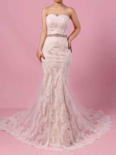 Trumpet/Mermaid Sweetheart Lace Tulle Court Train Wedding Dresses With Sashes / Ribbons #Milly00023140