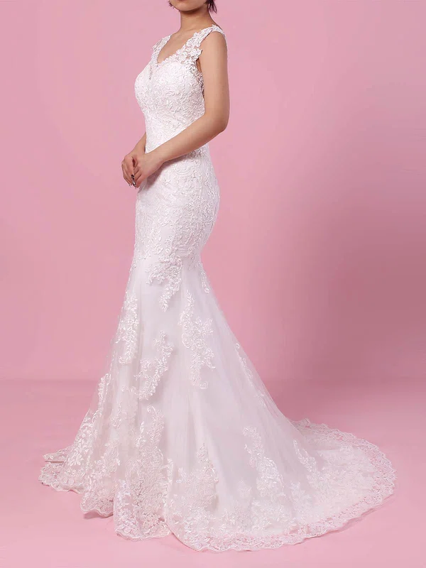 Trumpet/Mermaid V-neck Tulle Sweep Train Wedding Dresses With Appliques Lace #Milly00023187