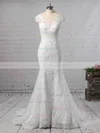 Trumpet/Mermaid V-neck Tulle Sweep Train Appliques Lace Wedding Dresses #Milly00023187