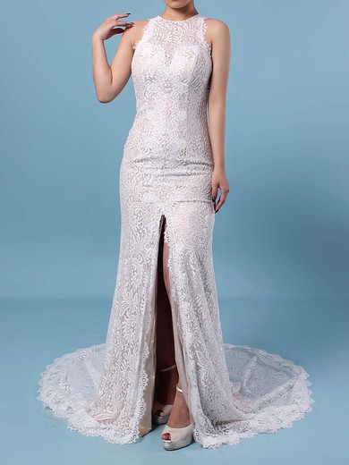 Sheath/Column Scoop Neck Lace Sweep Train Wedding Dresses With Split Front #Milly00023287