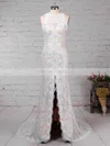 Sheath/Column Scoop Neck Lace Sweep Train Split Front Wedding Dresses #Milly00023287