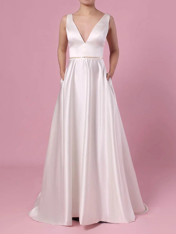 A-line V-neck Satin Sweep Train Wedding Dresses With Pockets #Milly00023350