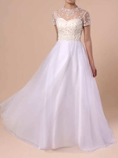 Ball Gown Illusion Tulle Sweep Train Wedding Dresses With Beading #Milly00023351