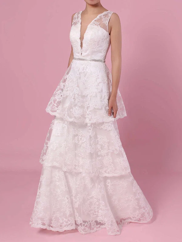 A-line V-neck Lace Sweep Train Beading Wedding Dresses #Milly00023353