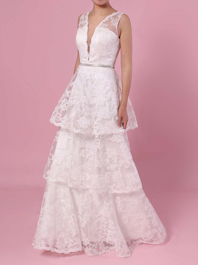 A-line V-neck Lace Sweep Train Beading Wedding Dresses #Milly00023353