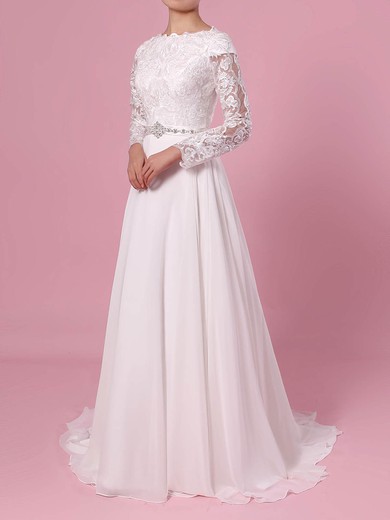A-line Scoop Neck Lace Chiffon Sweep Train Wedding Dresses With Sashes / Ribbons #Milly00023355