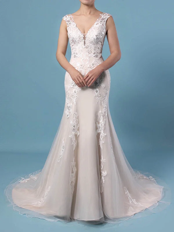 Trumpet/Mermaid V-neck Tulle Sweep Train Wedding Dresses With Appliques Lace #Milly00023356