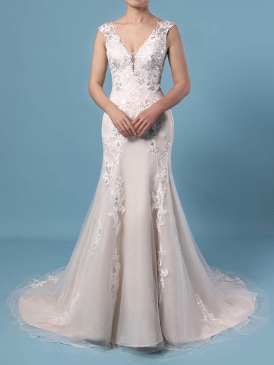 A-line V-neck Tulle Sweep Train Appliques Lace Wedding Dresses #Milly00023356