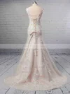 A-line V-neck Tulle Sweep Train Appliques Lace Wedding Dresses #Milly00023356