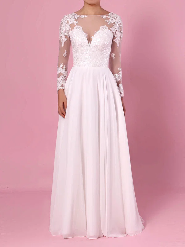 A-line Illusion Chiffon Floor-length Wedding Dresses With Appliques Lace #Milly00023359