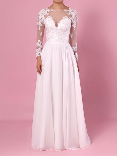 A-line Scoop Neck Chiffon Tulle Floor-length Beading Wedding Dresses #Milly00023359