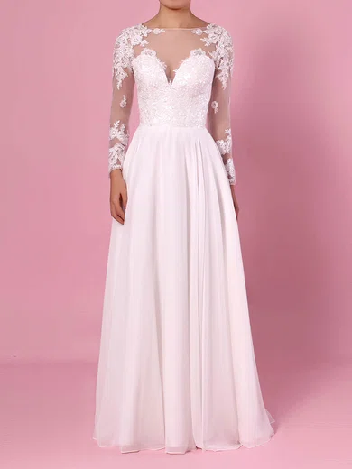A-line Illusion Chiffon Floor-length Wedding Dresses With Appliques Lace #Milly00023359