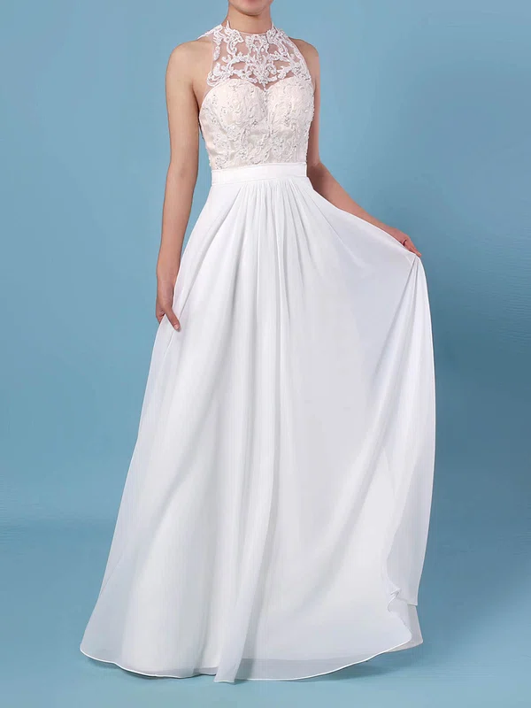 A-line Illusion Chiffon Floor-length Wedding Dresses With Appliques Lace #Milly00023360