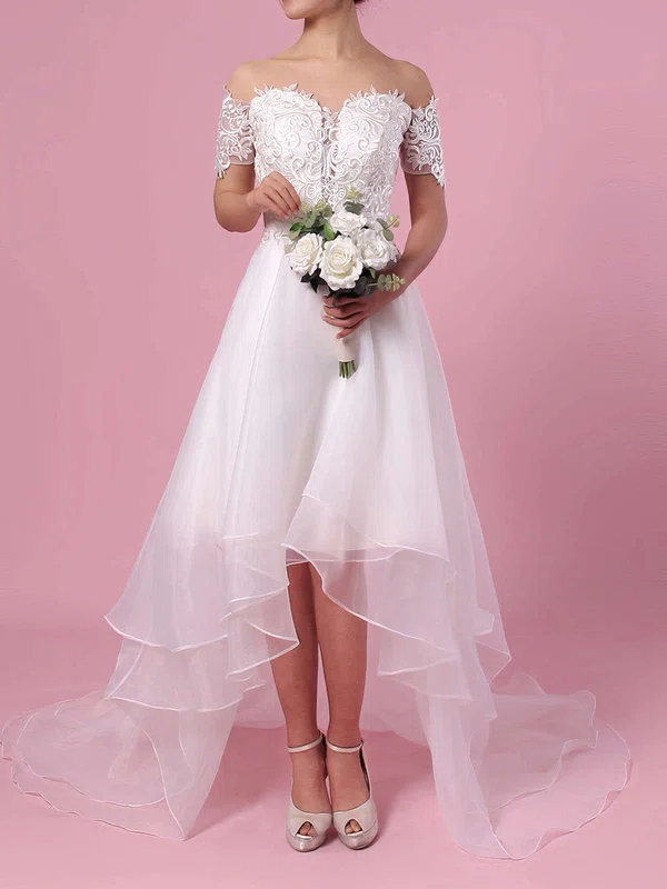 A-line Off-the-shoulder Organza Asymmetrical Wedding Dresses With Appliques Lace #Milly00023363
