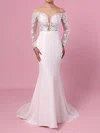 Trumpet/Mermaid Off-the-shoulder Satin Chiffon Sweep Train Wedding Dresses With Appliques Lace #Milly00023368