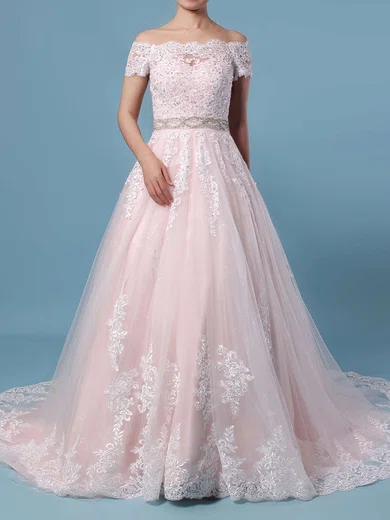 Ball Gown/Princess Off-the-shoulder Tulle Sweep Train Wedding Dresses With Beading #Milly00023369
