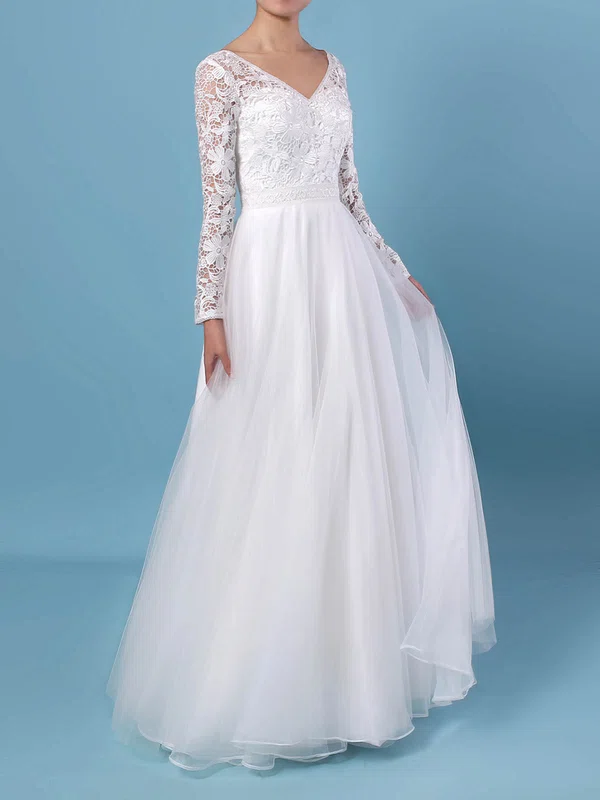 A-line V-neck Lace Tulle Floor-length Wedding Dresses #Milly00023370