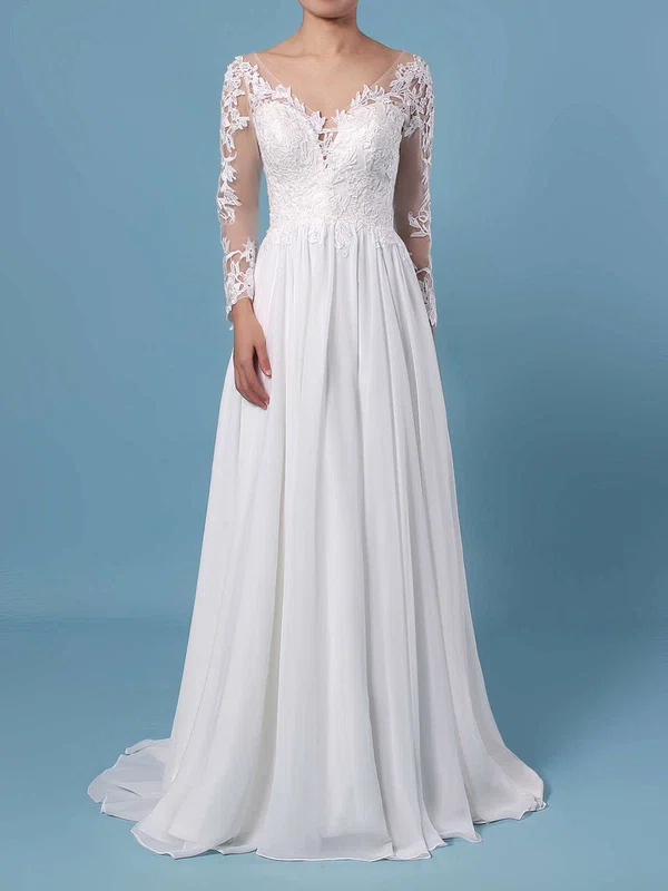A-line V-neck Chiffon Sweep Train Wedding Dresses With Appliques Lace #Milly00023371