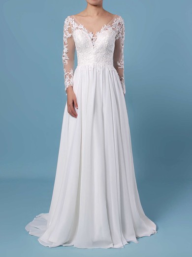 A-line V-neck Chiffon Tulle Sweep Train Appliques Lace Wedding Dresses #Milly00023371
