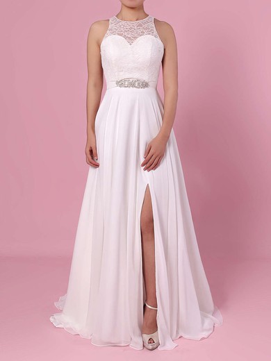 A-line Illusion Lace Chiffon Floor-length Wedding Dresses With Split Front #Milly00023372