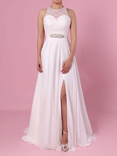 A-line Scoop Neck Lace Chiffon Floor-length Sashes / Ribbons Wedding Dresses #Milly00023372