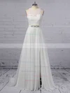 A-line Scoop Neck Lace Chiffon Floor-length Sashes / Ribbons Wedding Dresses #Milly00023372