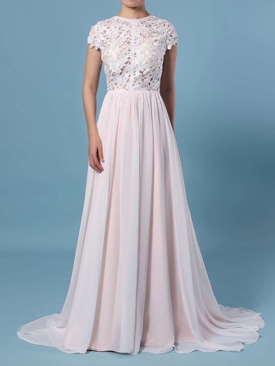 A-line Illusion Lace Chiffon Floor-length Wedding Dresses #Milly00023373