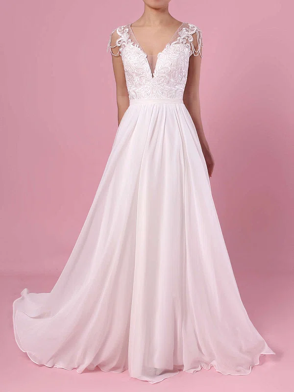 A-line V-neck Chiffon Sweep Train Wedding Dresses With Beading #Milly00023374