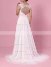 A-line V-neck Chiffon Tulle Sweep Train Beading Wedding Dresses #Milly00023374